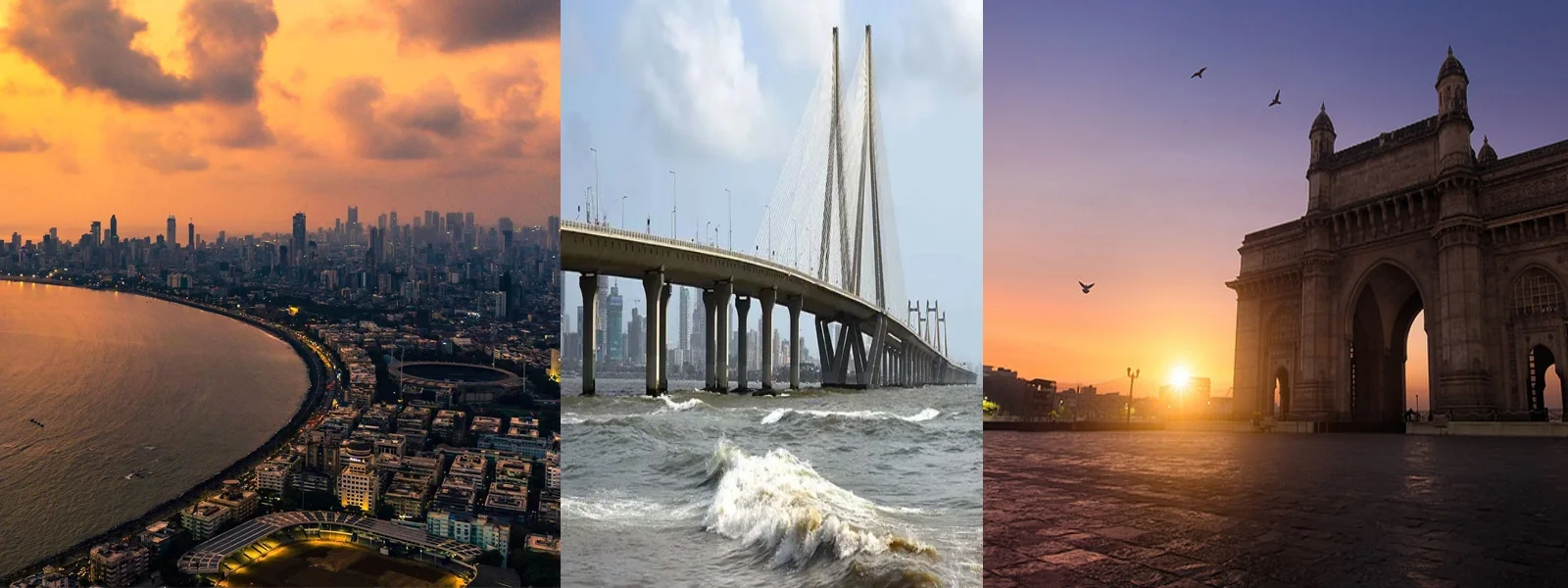Mumbai landmarks: Marine Drive, the Bandra–Worli Sea Link and the Gateway of India